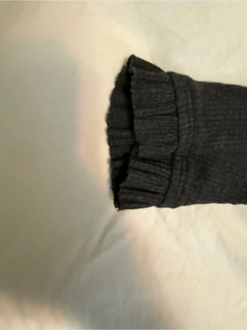 Dark gray J. Crew vintage rib ruffle mockneck shirt. Large. EUC.